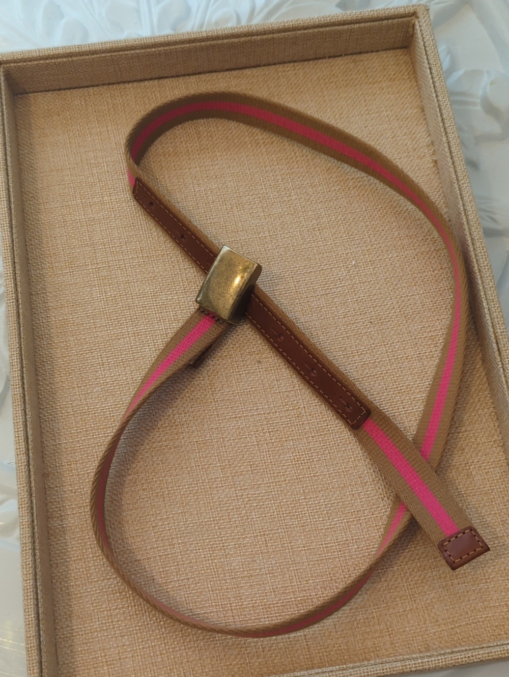 J Crew Skinny Belt Pink Brown Gold Square Buckle - Picture 1 of 11